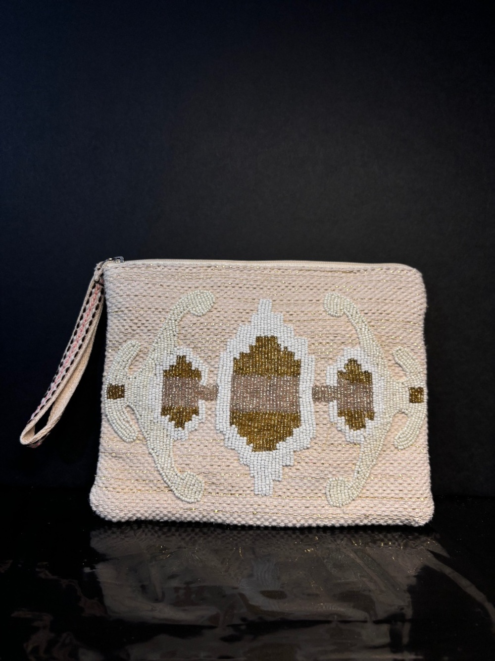 America & Beyond NEW Beaded Boho Wristlet Clutch Cream Gold Tribal Zip Pouch